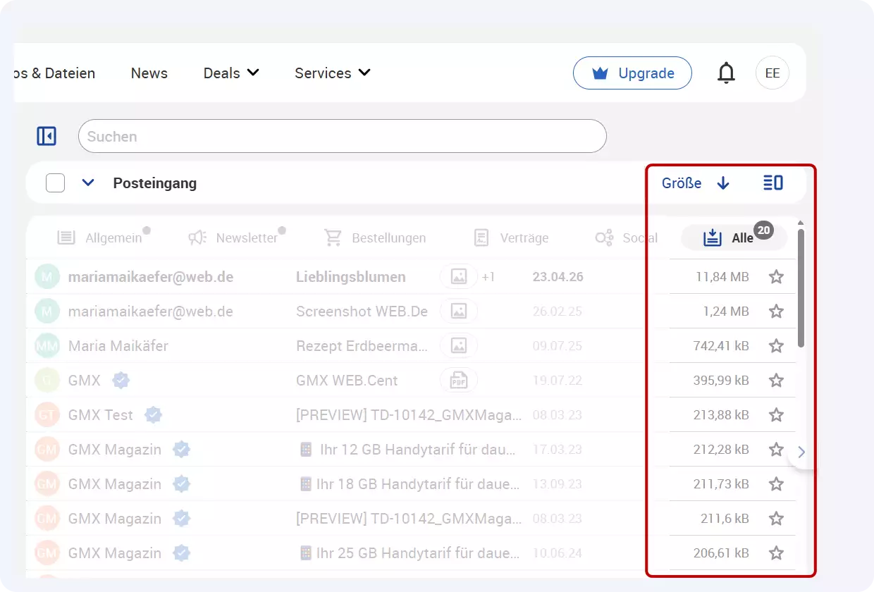 Rechts neben der E-Mail-Liste ist jeweils die Größe der einzelnen E-Mails zu sehen 