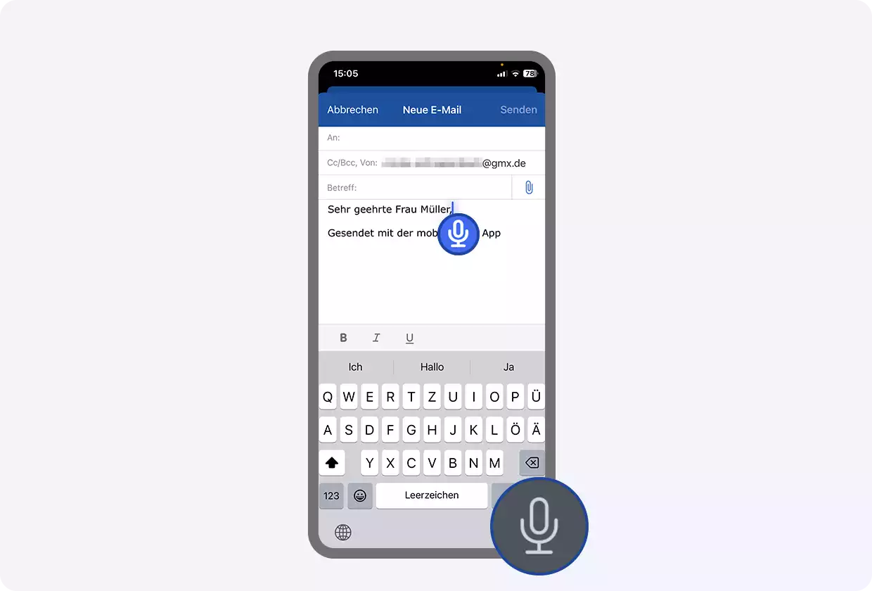 Bei iOS: Ganz unten rechts auf der Tastatur am Bildschirmrand finden Sie das Mikrofonsymbol, über die Sie die Diktierfunktion nutzen.