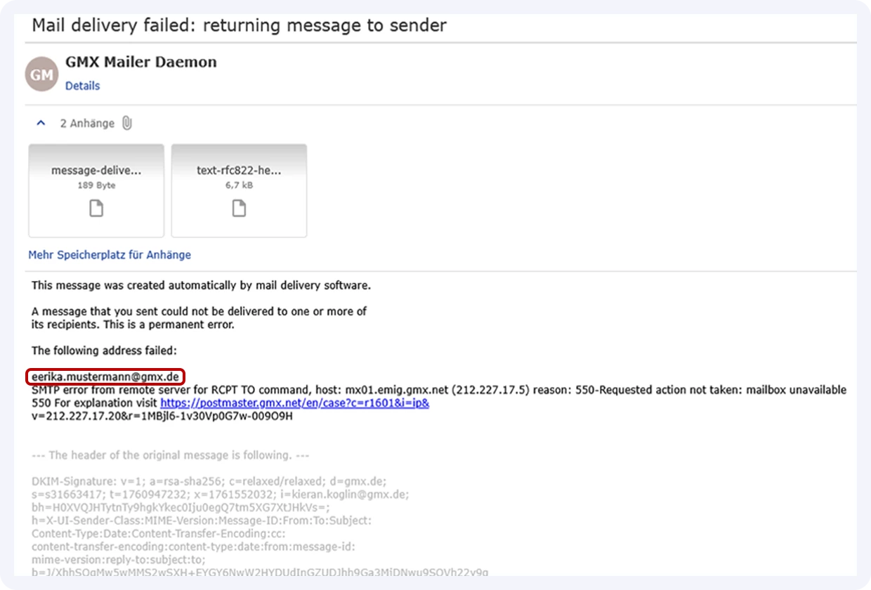 So sieht eine Unzustellbarkeits-Info Ihres Mailer-Daemon aus. In diesem Fall versteckte sich ein „e” zu viel in der Empfängeradresse.