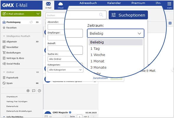 Ansicht des GMX Postfachs zeigt die Einstellungen des E-Mail-Suchfilters für einen gewissen Zeitraum.