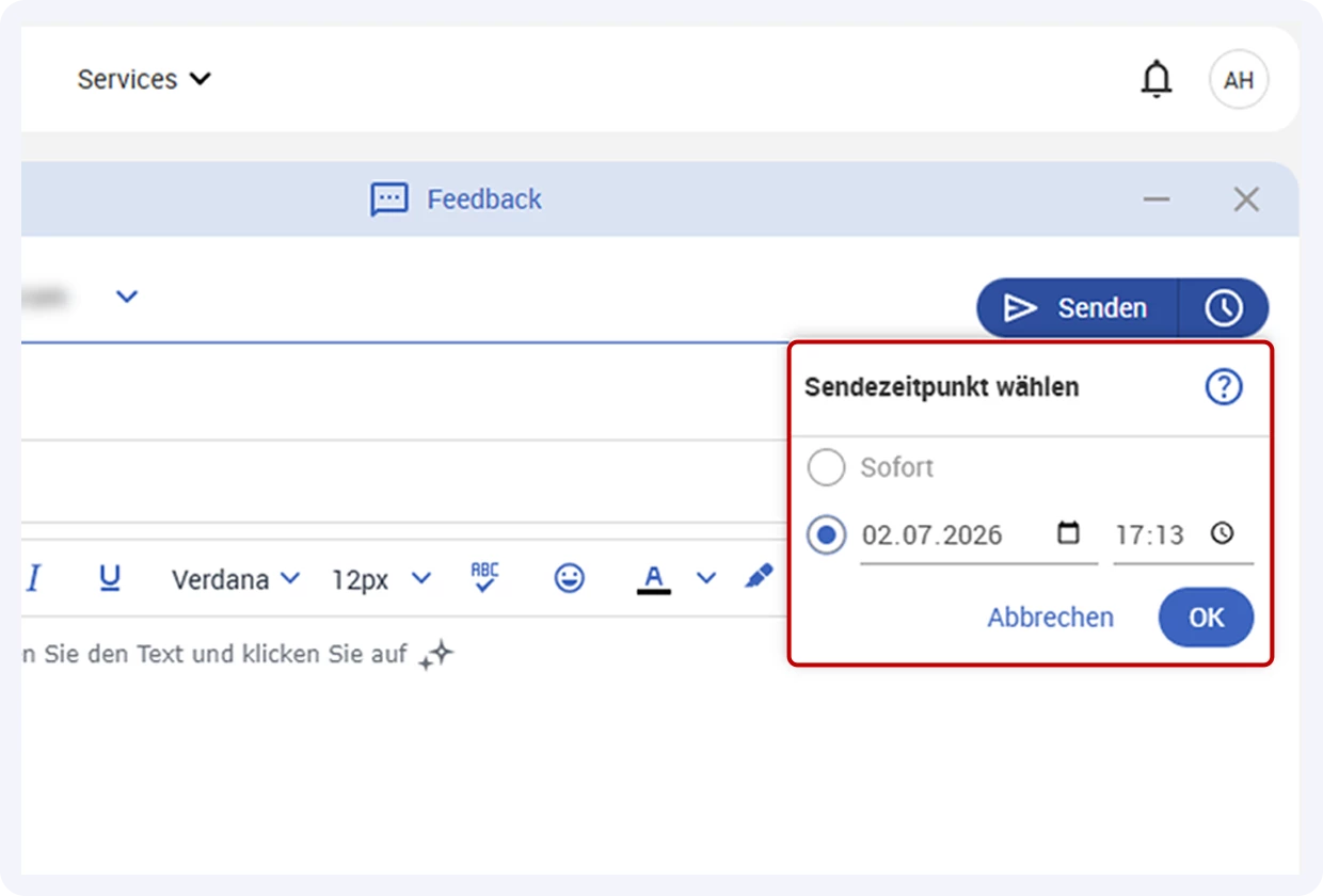 Screenshot der geöffneten Funktion Sendezeitpunkt wählen beim Schreiben einer GMX Mail im Premium-Postfach