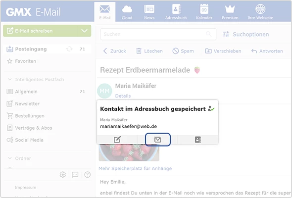 Geöffnete E-Mail im GMX Web-Postfach. Im Pop-Up-Fenster sind Details zum Absender zu sehen. Hervorgehoben ist das E-Mail-Symbol, über das sich alle E-Mails des Kontakts anzeigen lassen.