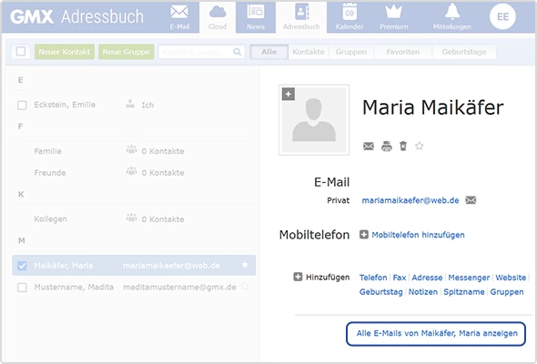 Geöffneter Kontakt im GMX Adressbuch. Unten rechts ist der Textlink „Alle E-Mails von Maikäfer, Maria anzeigen“ optisch hervorgehoben.