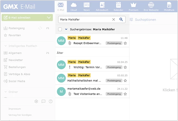 Geöffnete E-Mail-Suche im GMX Posteingang.