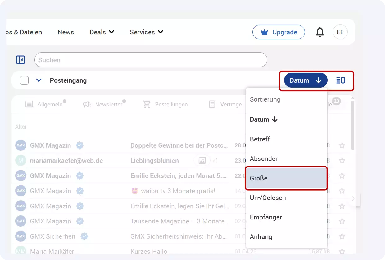 E-Mail-Filter im GMX Postfach: Die Filteroption "Größe" ist rot umrandet