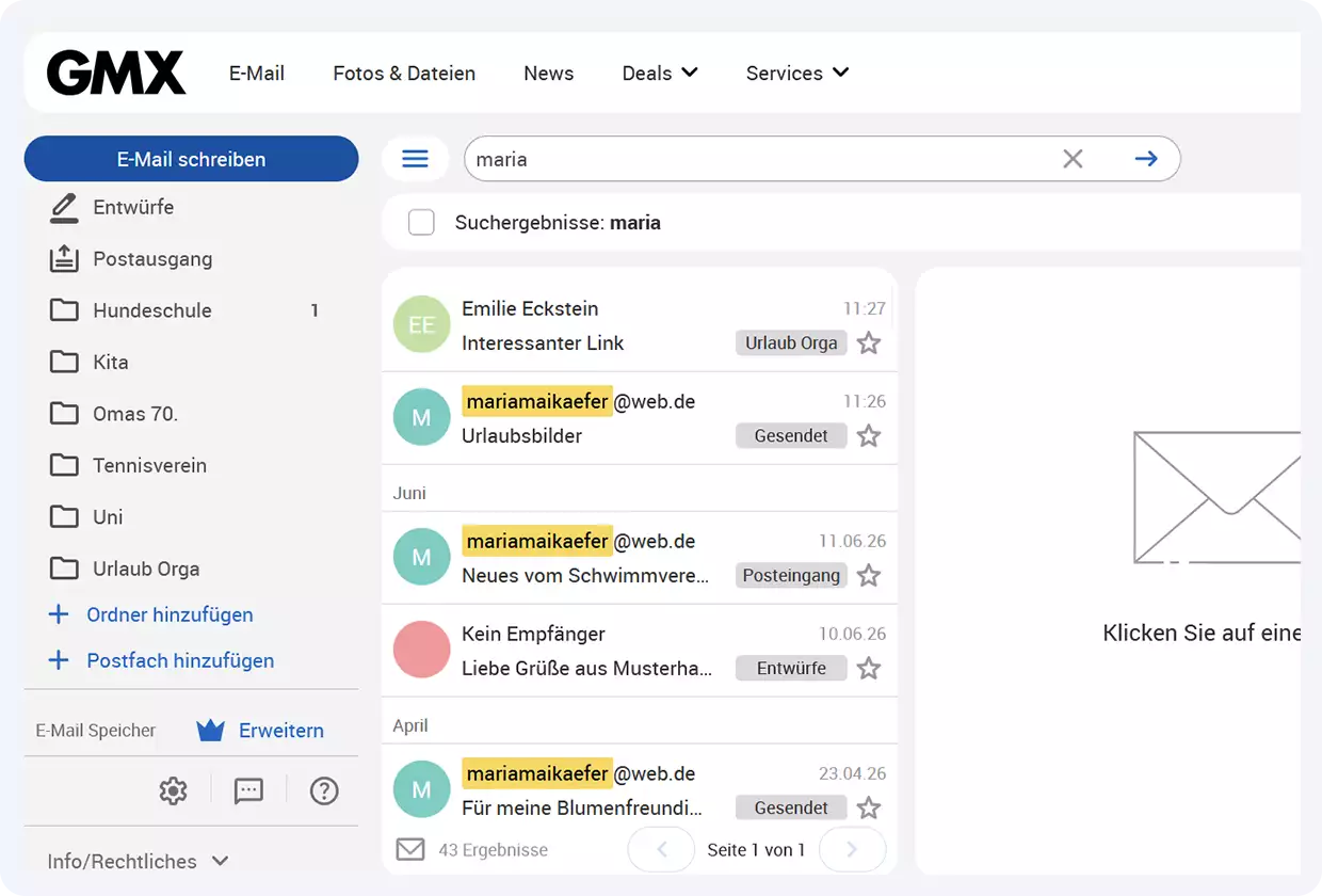 Geöffnetes Suchefenster der Postfach-Suche im GMX E-Mail-Account am PC