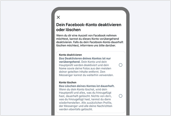 Screenshot der Facebook-App, der den geöffneten Menüpunkt „Dein Facebook-Konto deaktivieren oder löschen“ zeigt.