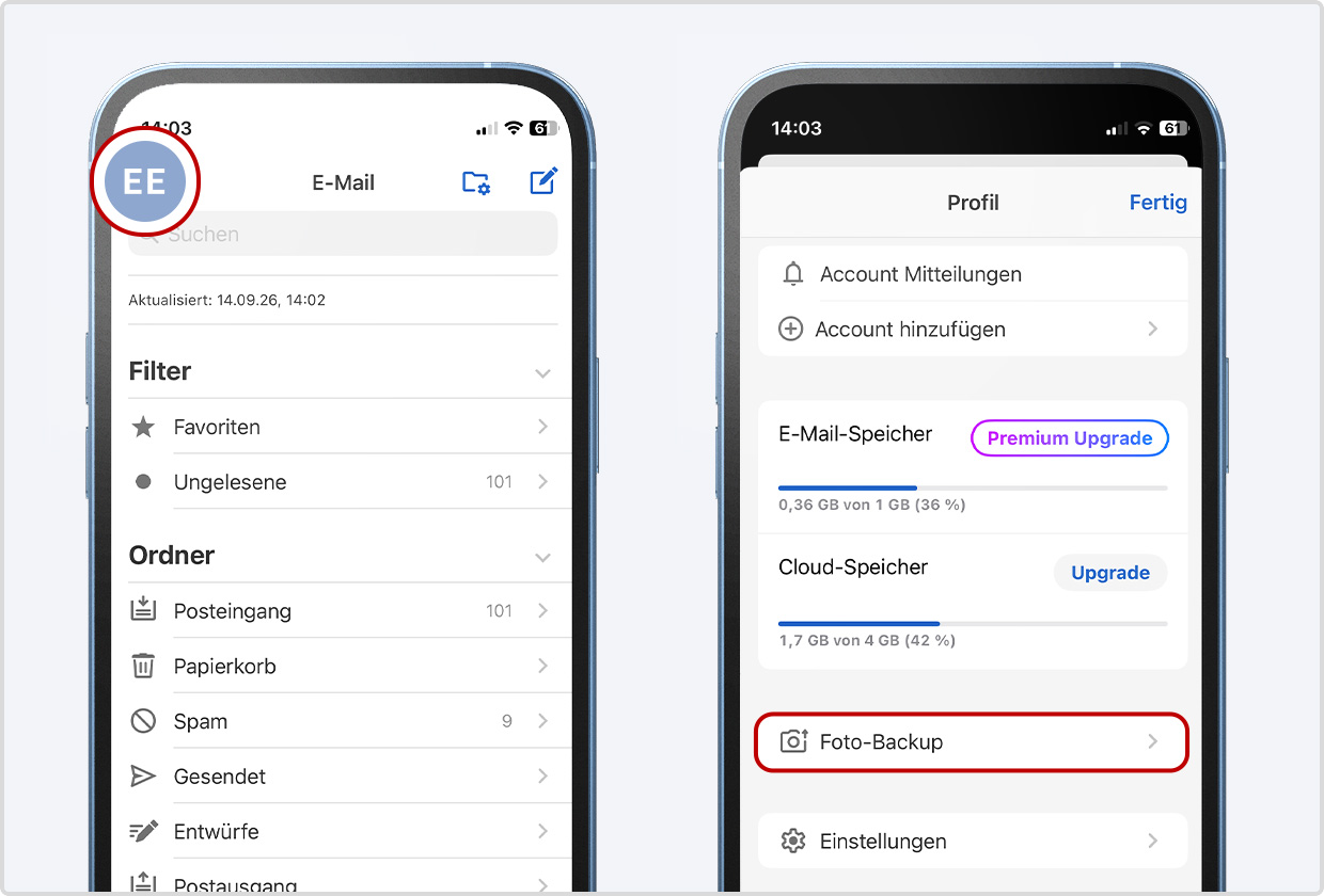 2 Smartphone-Bildschirme mit GMX App auf dem iPhone: links sind die Nutzer-Initialen hervorgehoben, über die man das Profil aufruft, rechts sind die Profileinstellungen mit dem Menüpunkt Foto-Backup zu sehen.
