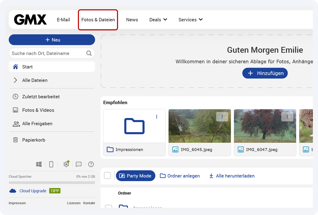 Screenshot der geöffneten GMX Cloud im Postfach. Der Navigationspunkt „Fotos & Dateien“, über den die Cloud geöffnet wird, ist rot markiert.