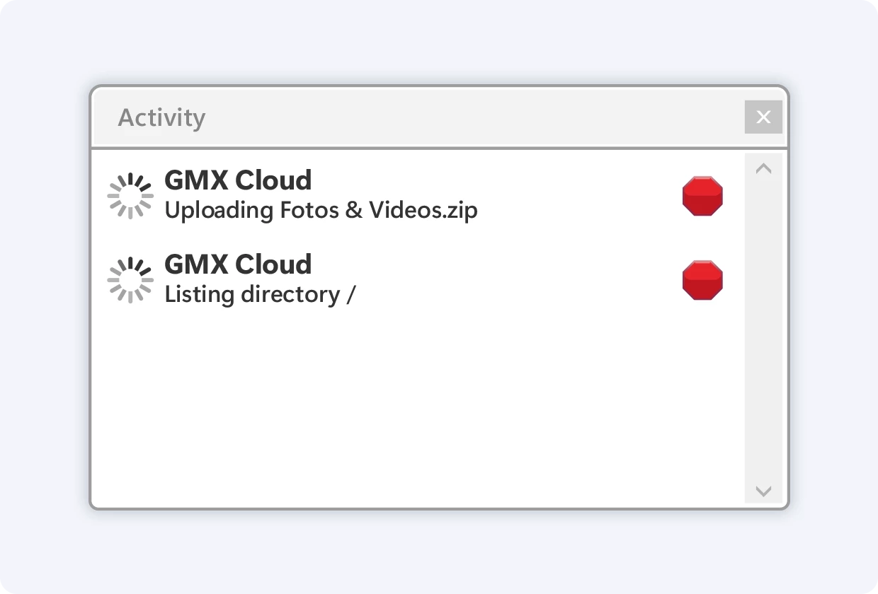 Das neue Aktivitätenfenster zeigt den Status zwei Dateien. Beide werden noch mit einem roten Symbol angezeigt.