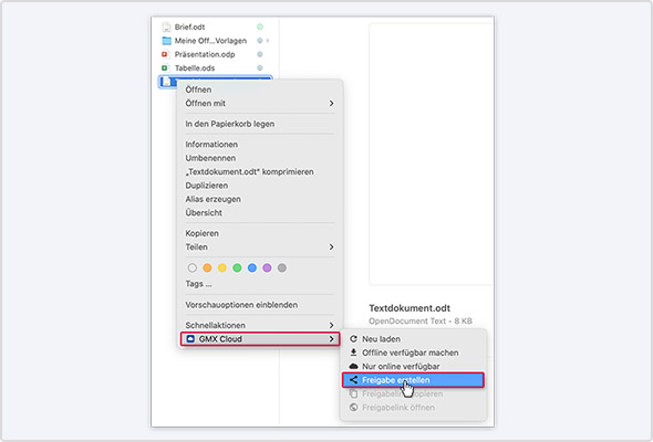Screenshot aus der GMX Cloud für macOS, der das Menü zeigt, welches per Rechtsklick auf eine Datei oder einen Ordner geöffnet wird.