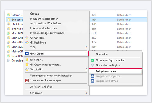 Nach einem Rechtsklick auf die entsprechende Datei finden Sie unter „GMX Cloud“ verschiedene Möglichkeiten wie „Offline verfügbar machen“, oder „Freigabelink erstellen“.