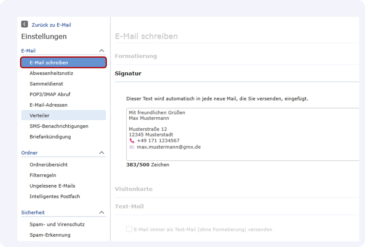 In den Einstellungen Ihres GMX Postfaches finden Sie unter „E-Mail schreiben“ das Feld „Signatur“. Hier können Sie Ihre persönliche Signatur erstellen.