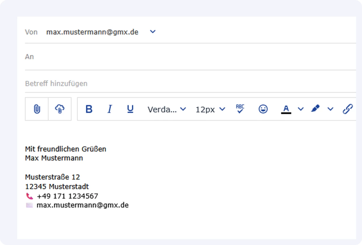 Die zuvor erstellte E-Mail-Signatur wird nun automatisch in einer neu verfassten E-Mail am Ende des Textes eingefügt.