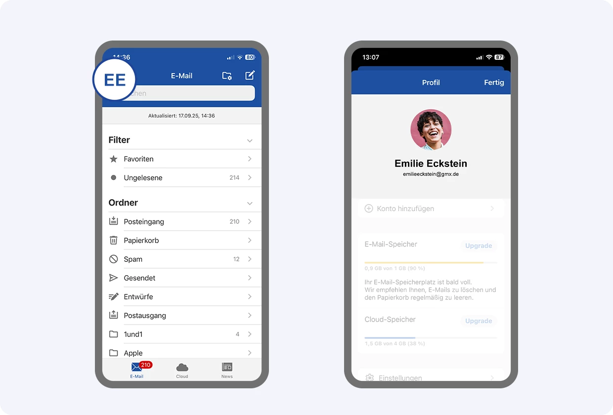 2 Screenshots der GMX App nebeneinander: Im Screen links ist der geöffnete E-Mail-Account zu sehen, oben links sind die Nutzer-Initialen hervorgehoben. Im Screen rechts ist die geöffnete Profilansicht zu sehen.