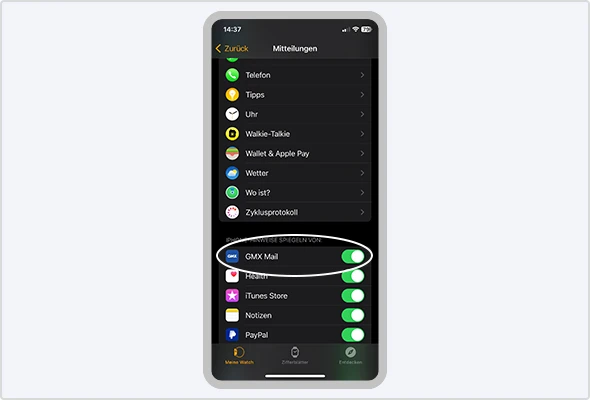 Aktivieren Sie die Push-Benachrichtigungen – nur so erhalten Sie neue GMX Mails auf der Smartwatch. 