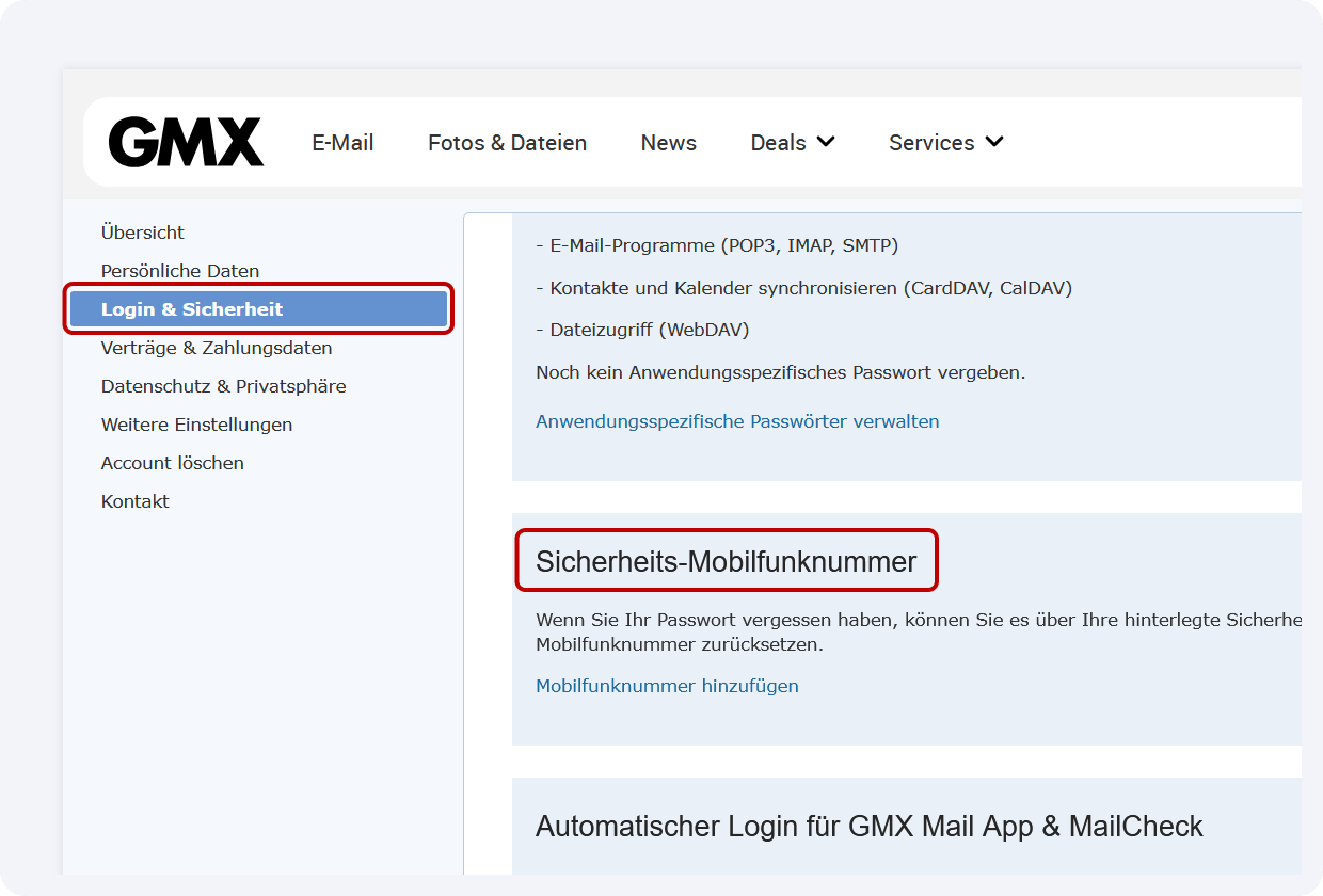 Sicherheitsfunktion "Mobilfunkummer hinterlegen" ist in den Einstellungen eines GMX Postfachs farblich markiert
