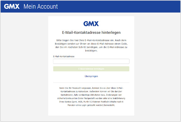 Hinweis zum Hinterlegen/Aktualisieren der E-Mail-Kontaktadresse bei GMX.
