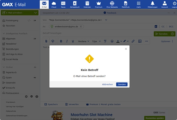 Kein Betreff in der E-Mail? Bei GMX bekommen Sie einen Hinweis.