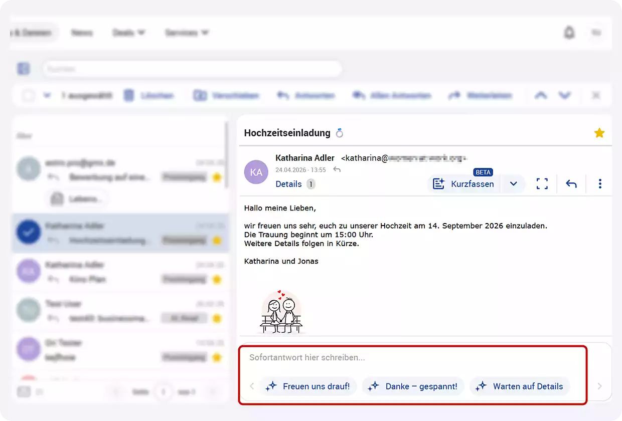 Geöffnete E-Mail, unten das Feld "Schnellantwort" mit den KI-gestützten Antwortvorschlägen