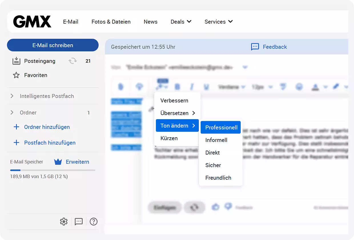 E-Mail-Assistenzfunktion bei GMX: Die Option "Ton ändern" und "Professionell" sind bei einer geöffneten E-Mail ausgewählt