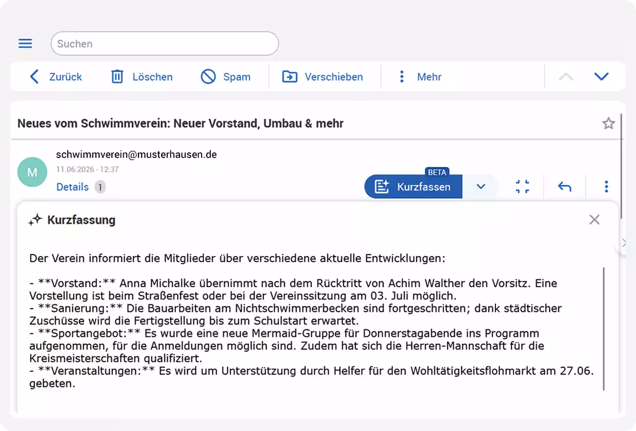 Eine erhaltene E-Mail, die im KI-Modus "Kurzfassung" stichpunktartig angezeigt wird.