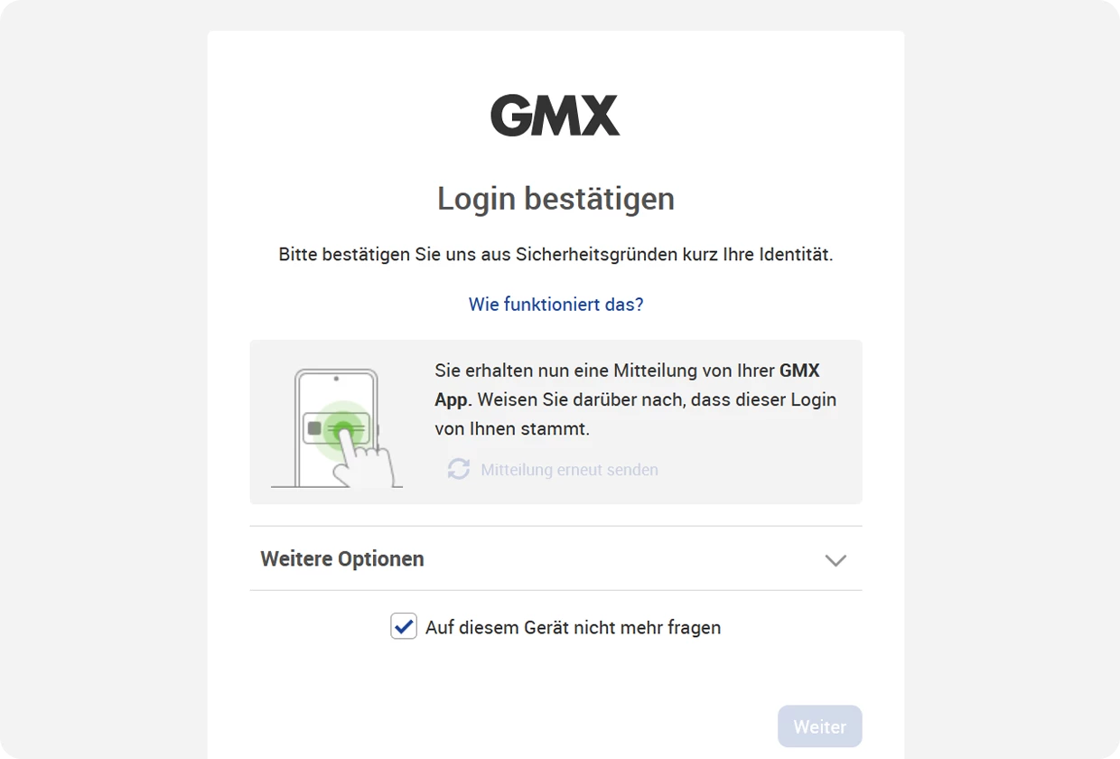 Screenshot der Fläche "Login bestätigen". Hier sollen Sie aus Sicherheitsgründen kurz Ihre Identität bestätigen, indem Sie unten ein Häkchen setzen