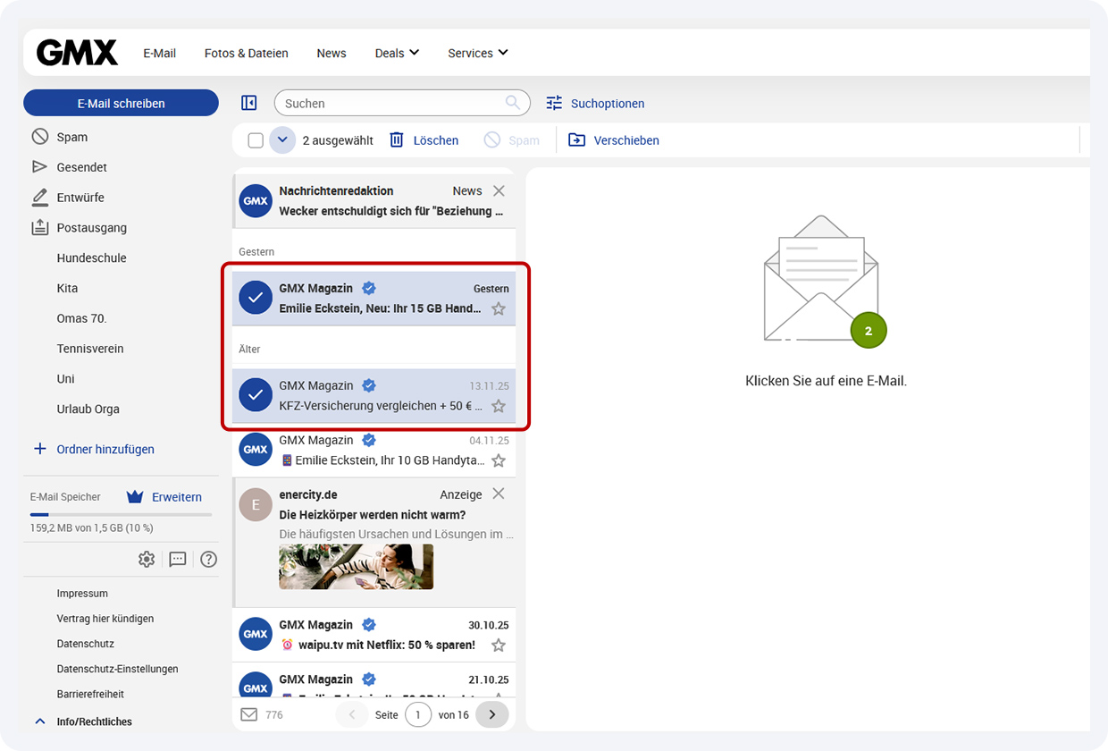 In der Mail-Liste sind zwei E-Mails markiert