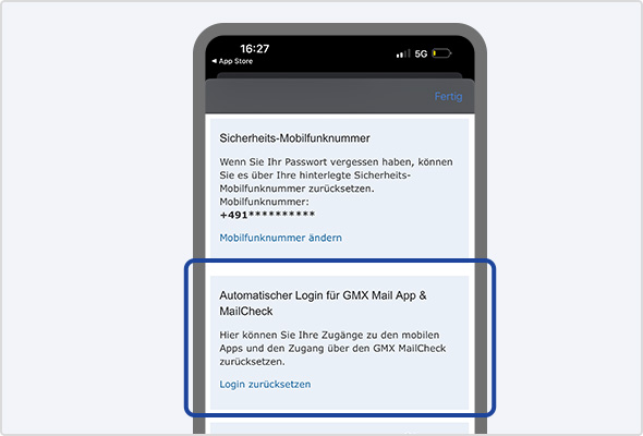Screenshot aus den Einstellungen der GMX App. Unter der Einstellungsmöglichkeit "Sicherheits-Mobilfunknummer" finden Sie die Möglichkeit "Login zurücksetzen"