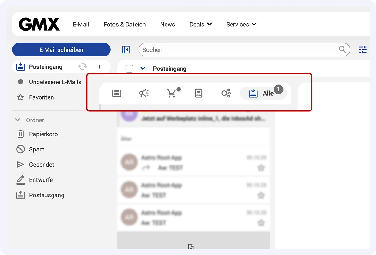 Screenshot des GMX Postfachs mit einer E-Mail-Liste. Oberhalb sind die Symbole der neu platzierten E-Mail-Kategorien farblich hervorgehoben.