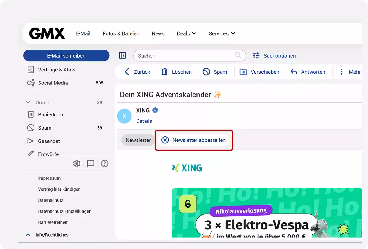 Separater Button "Newsletter abbestellen" in einer E-Mail bei GMX