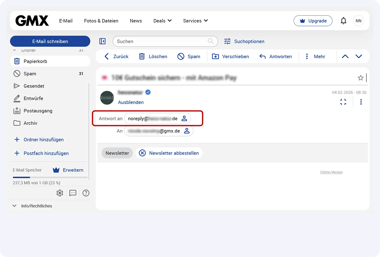 Beispiel XING-Newsletter im GMX Postfach: die Noreply-Adresse ist markiert