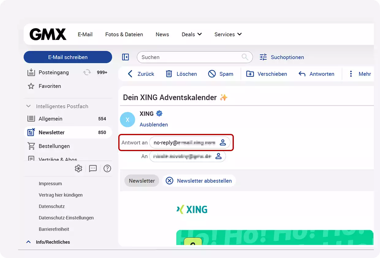 Beispiel XING-Newsletter im GMX Postfach: die Noreply-Adresse ist markiert
