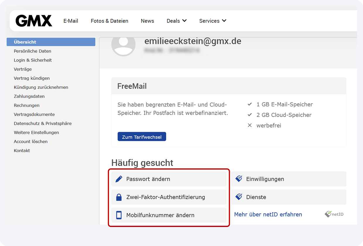 Screenshot der Übersichtsseite „Mein Account“. Passwort ändern ist rot markiert.