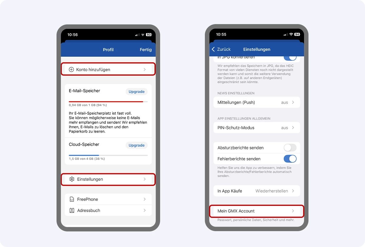 Im Bild links: Über "Konto hinzufügen" binden Sie weitere E-Mail-Konten ein. Über "Einstellungen"(das Zahnradsymbol) gelangen Sie in die Gesamtübersicht Ihrer Einstellungen (rechts im Bild zu sehen). Ganz unten in der Übersicht finden Sie auch "Mein GMX Account" mit Ihren Nutzerdaten und Sicherheitseinstellungen.
