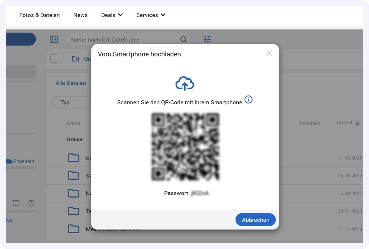 Screenshot eines QR-Codes im GMX Postfachs zum Hochladen der Handy-Fotos in die Cloud