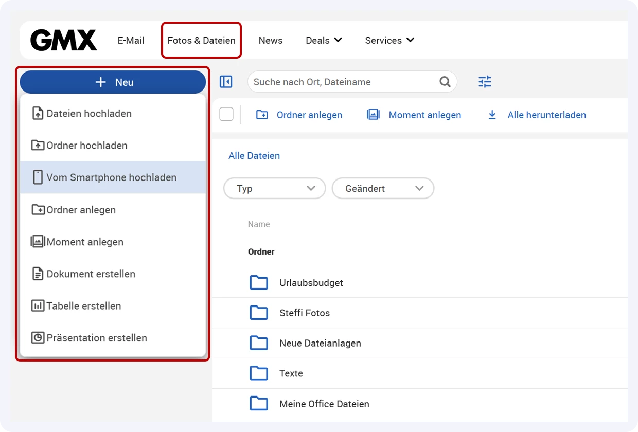Im Menü einfach auf die Option "Vom Smartphone hochladen" klicken