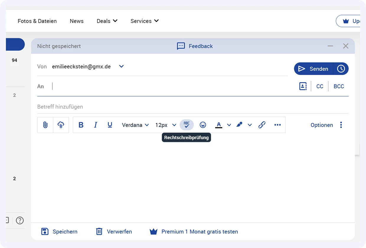 Geöffnete E-Mail mit Editierleiste und der Funktion Rechtschreibprüfung