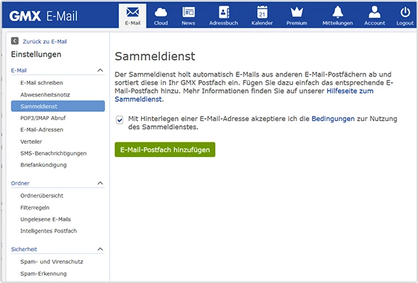 Über den Sammeldienst können Sie E-Mails aus anderen Postfächern abholen lassen.