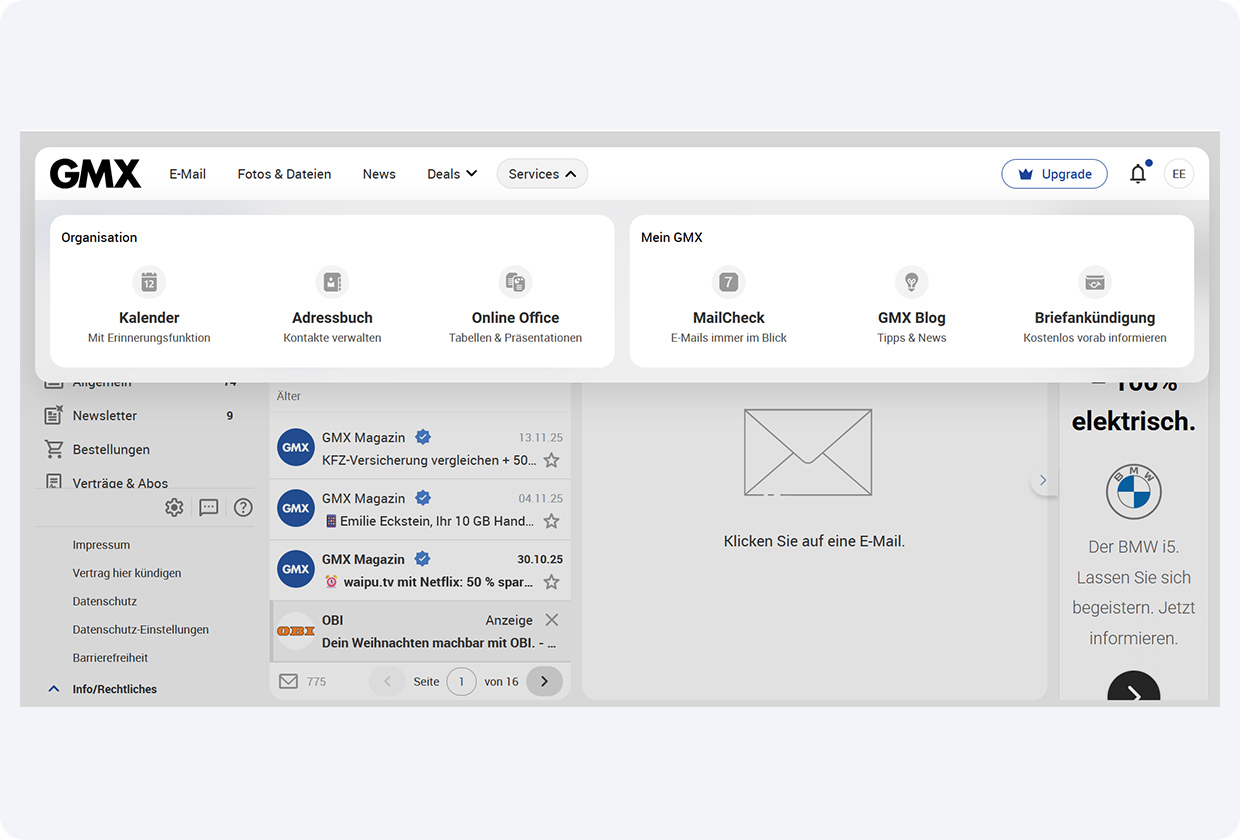 Screenshot des GMX Postfachs mit aufgeklapptem Navigationspunkt „Services“.