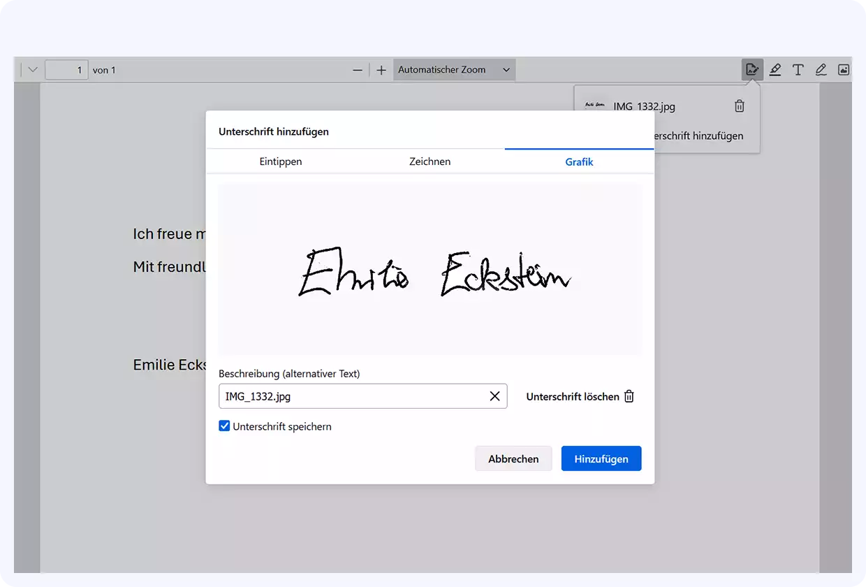 Screenshot eines Anschreibens im PDF-Format, im Vordergrund wird gerade in einem Fenster eine digitale Unterschrift als Grafik hinzugefügt.