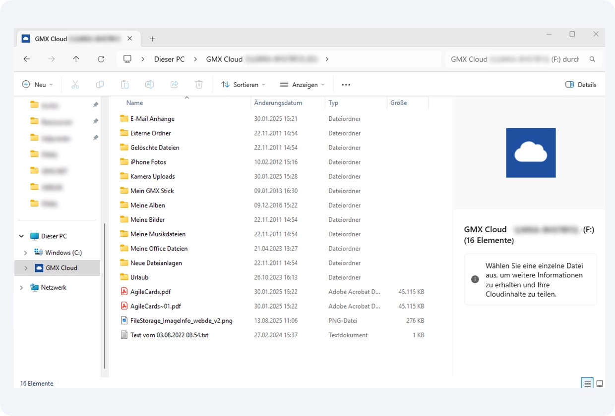 Bildschirmfoto der installierten GMX Cloud für Windows: Sie ist im Explorer als Ordner zu finden.