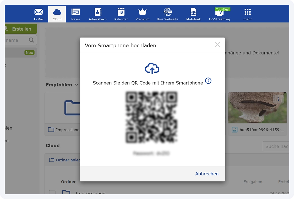 Ansicht des generierten QR-Codes im GMX Postfach, der zum Scannen auffordert