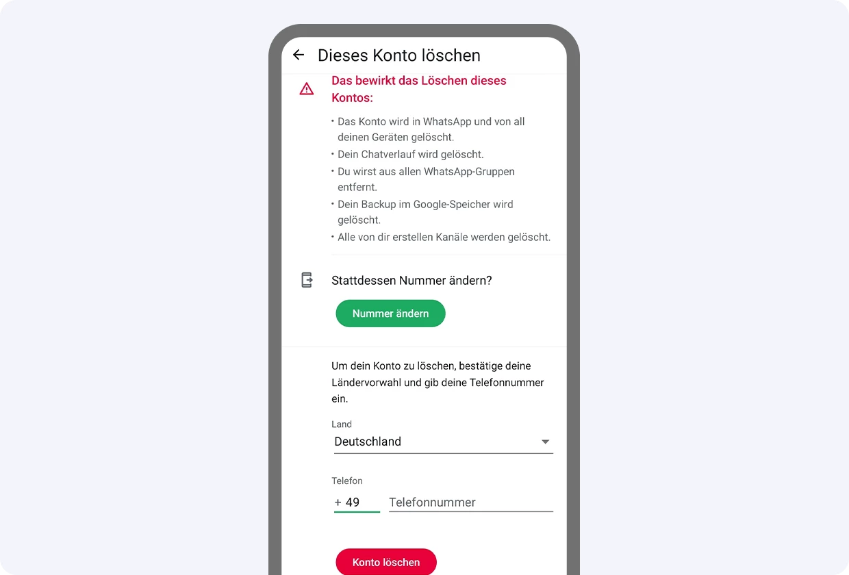 Ein Screenshot der Bedingungen zur Löschung eines WhatsApp-Kontos.
