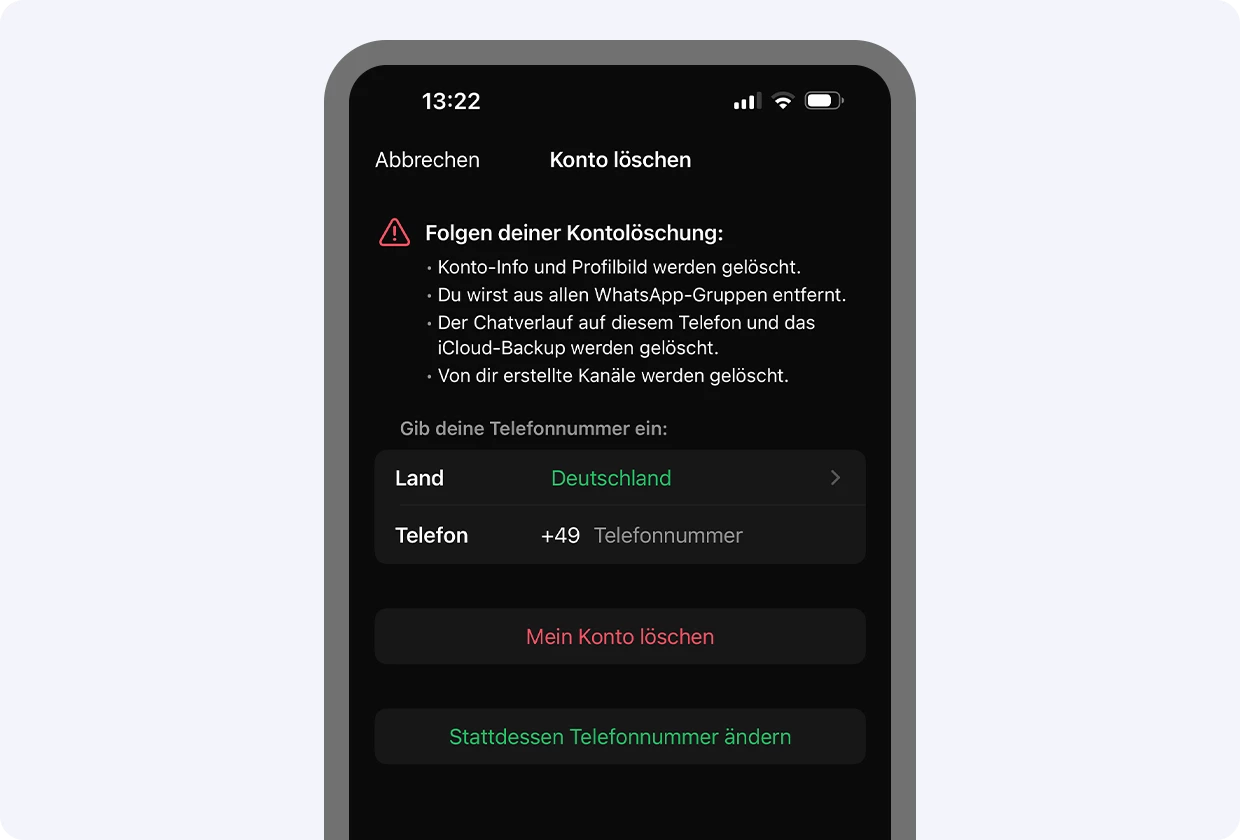 Ein Screenshot der Bedingungen zur Löschung eines WhatsApp Kontos bei Apple.