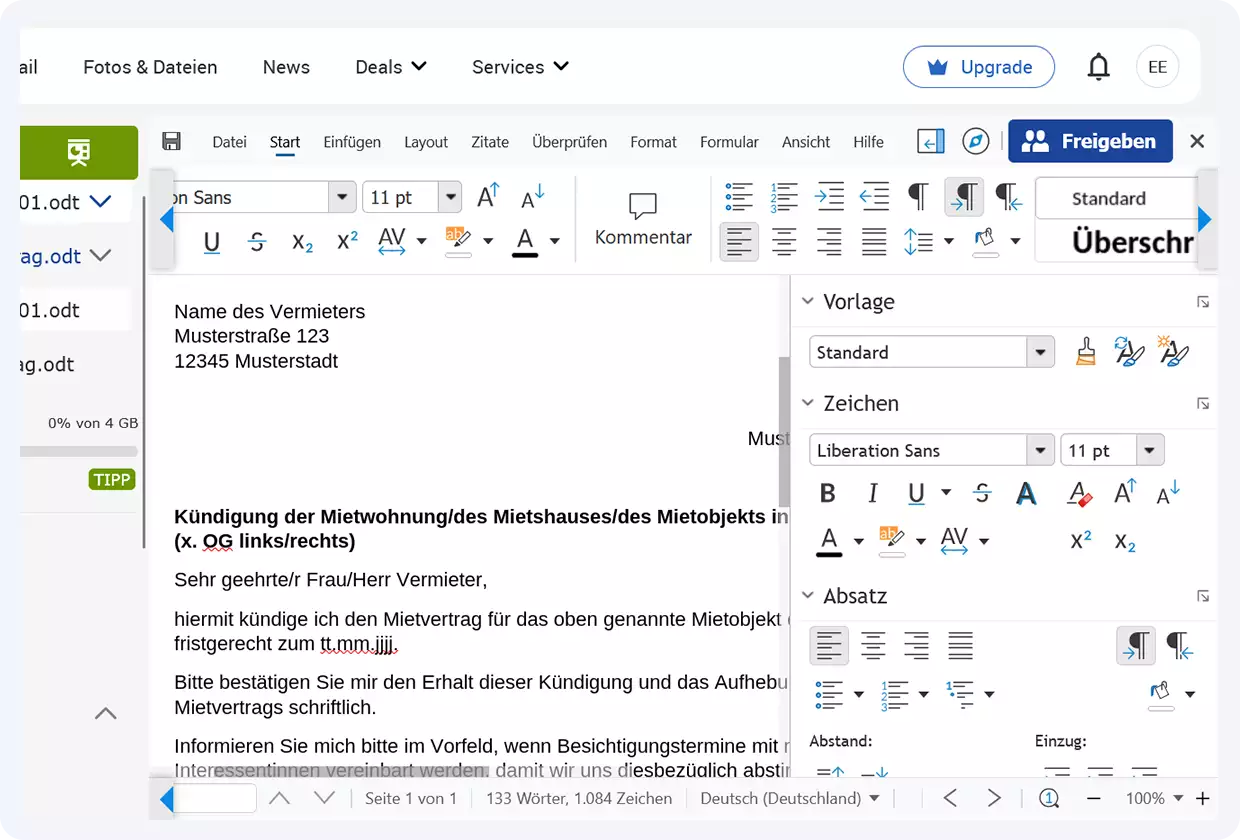 Kündigungsvorlage im GMX Online Office zur Kündigung eines Mietvertrags
