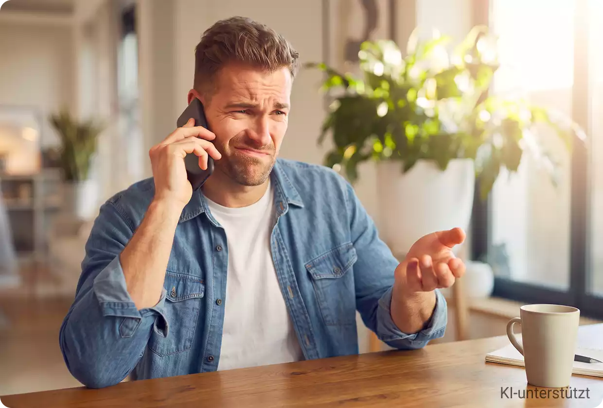 Mann telefoniert mit dem Smartphone und schaut skeptisch. Die Szene veranschaulicht einen möglichen Betrugsanruf mit gefälschter Rufnummer durch Call-ID-Spoofing.