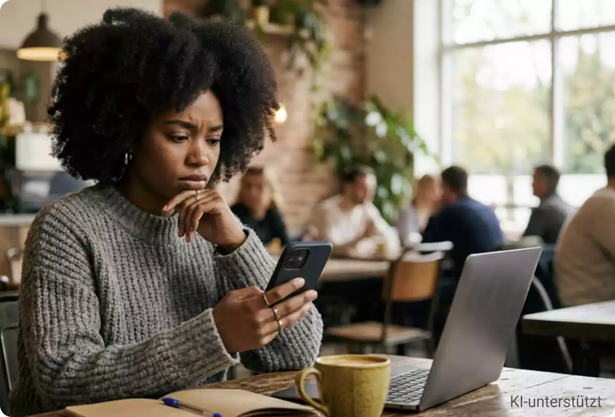 Frau sitzt in einem Café und schaut auf ihr Smartphone, während vor ihr ein Laptop steht. Die Szene symbolisiert die Prüfung persönlicher Daten auf mögliche Datenlecks.
