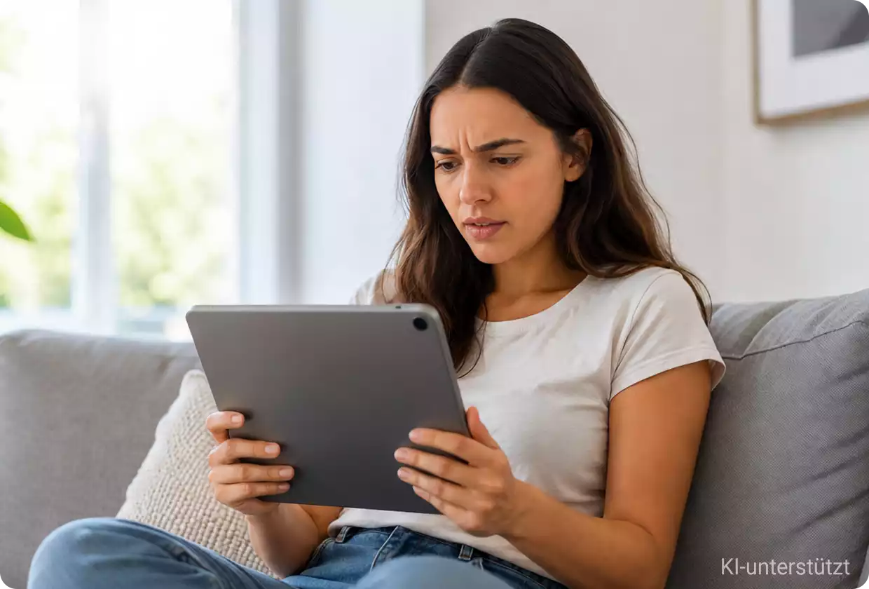 Junge Frau sitzt auf dem Sofa und schaut besorgt auf ihr Tablet
