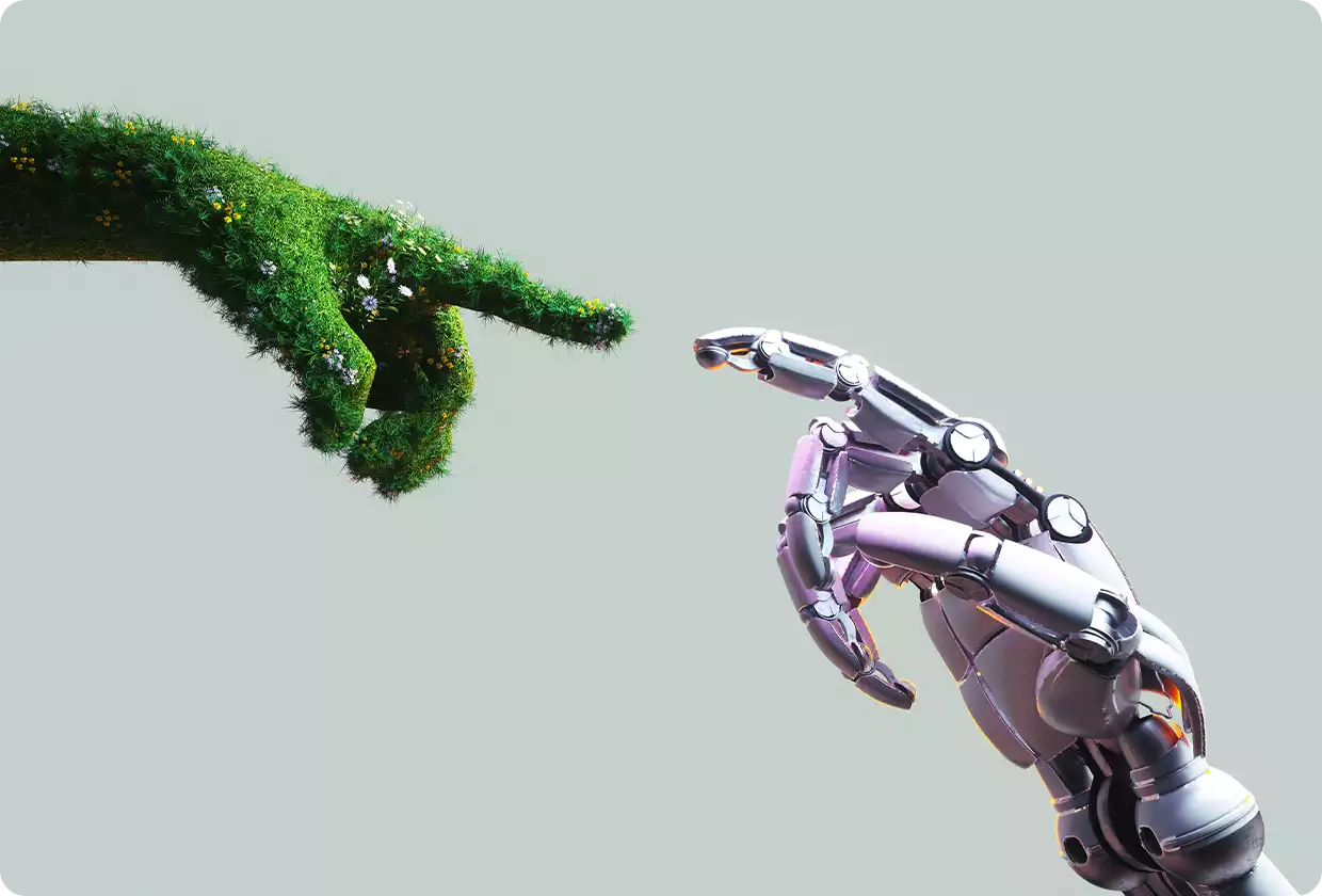 Links eine Hand, die wie eine grüne Wiese aussieht und den Zeigefinger einer anderen Hand im Roboterstil zustreckt